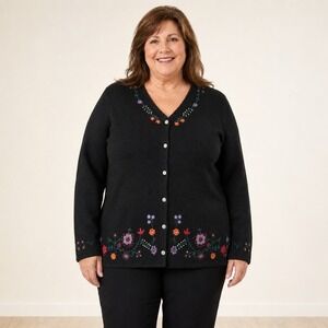 Karen Scott II Cardigan Women's 1X Black 100% Wool Embroidered Floral
